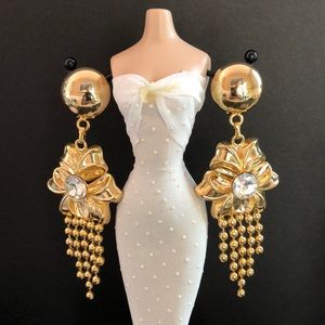 Vintage Statement 4" Long Earrings Gorgeous Drop Dangle Crystal Gold Tone Clips
